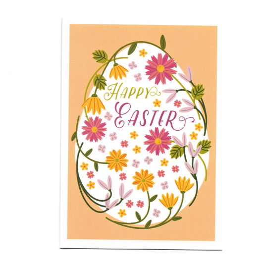 Happy Easter Greeting Card, Flowers around Egg. 